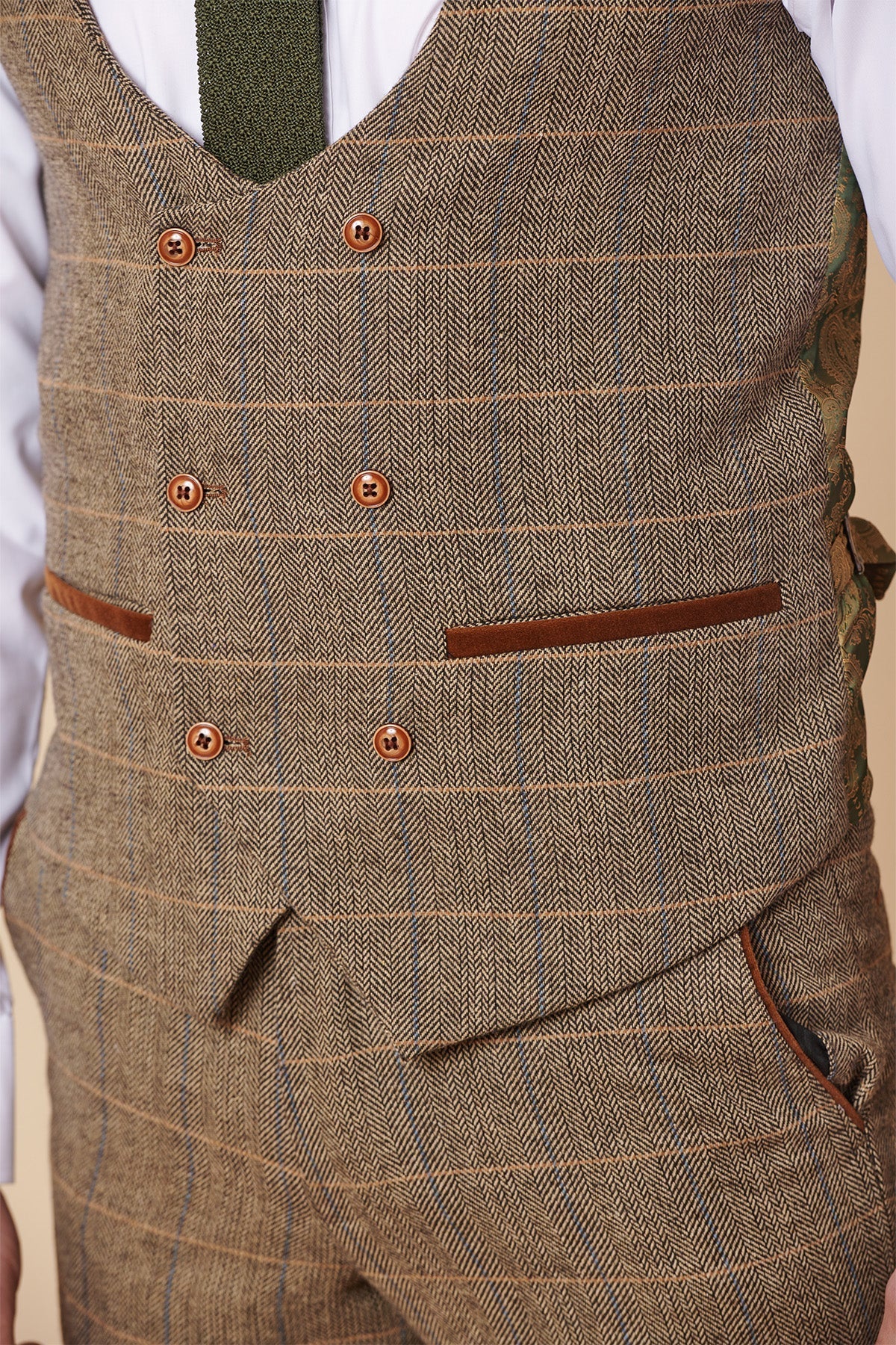 Mens 3 Piece Herringbone Tweed Tan Brown Check Suit Tailored Fit Double Classic
