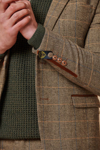 Mens 3 Piece Herringbone Tweed Tan Brown Check Suit Tailored Fit Double Classic