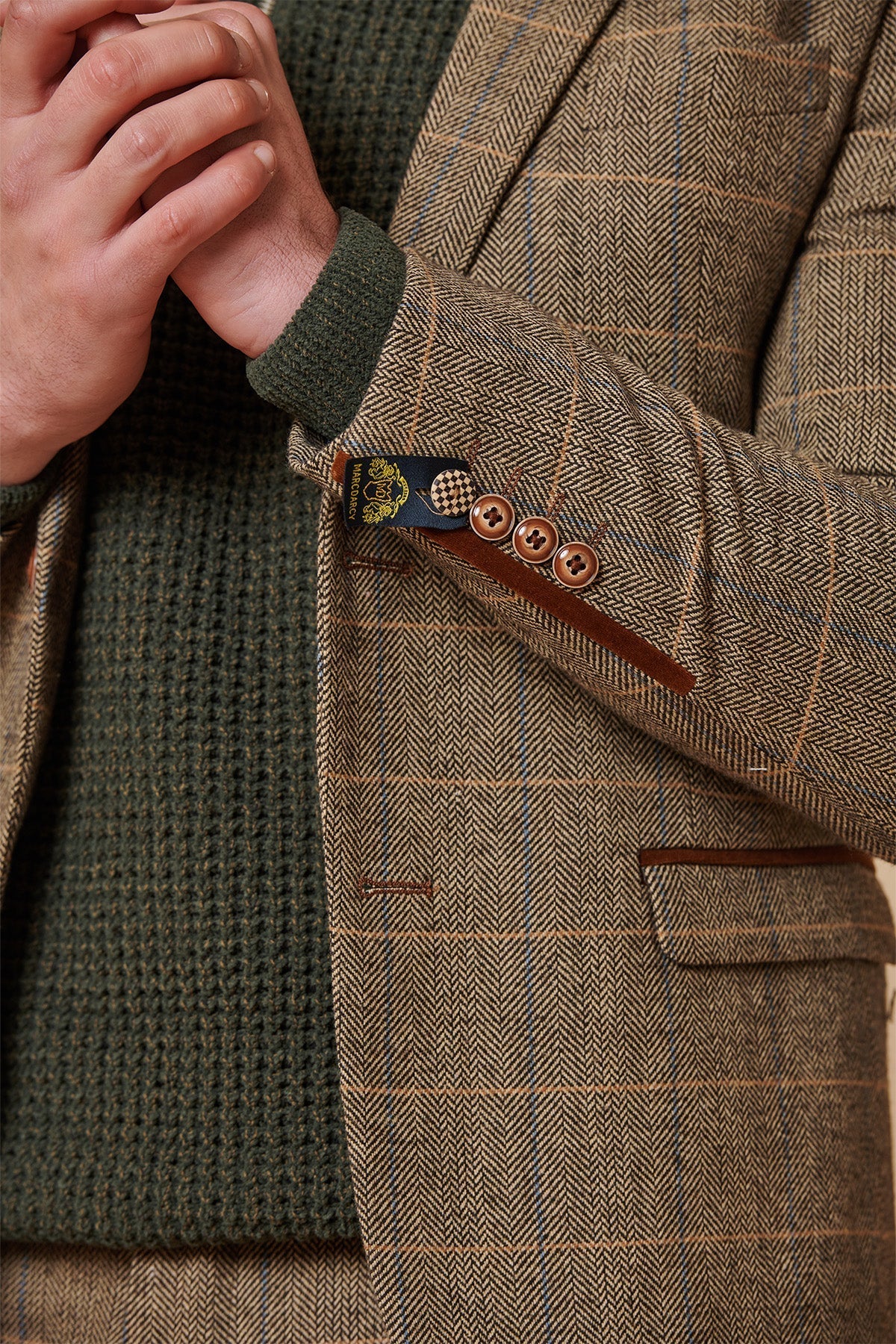 Mens 3 Piece Herringbone Tweed Tan Brown Check Suit Tailored Fit Double Classic