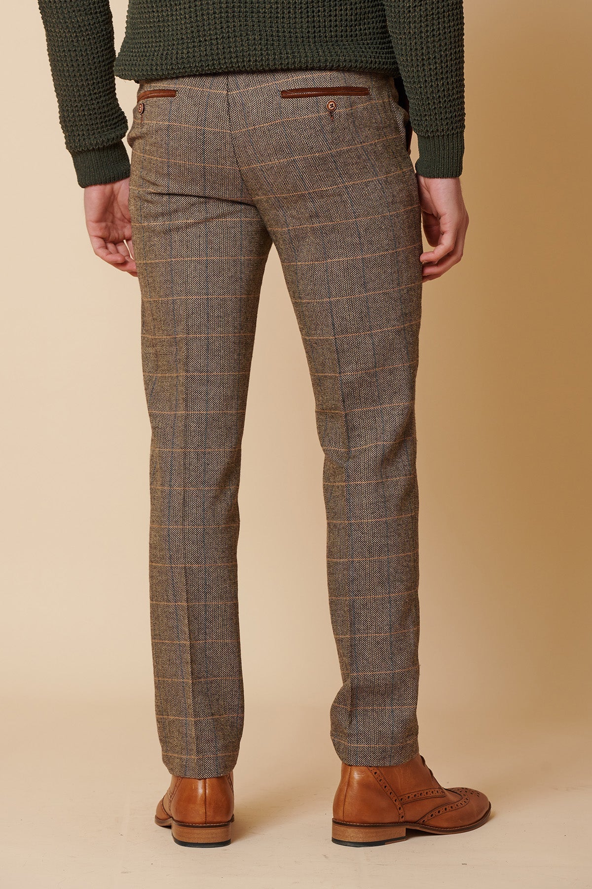 Mens 3 Piece Herringbone Tweed Tan Brown Check Suit Tailored Fit Double Classic