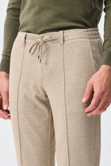 Men’s Taupe Oatmeal Beige Smart Drawstring Trousers Tailored Tapered Fit