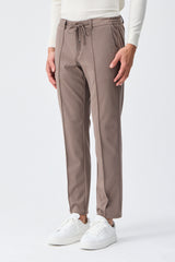 Men’s Taupe Brown Smart Drawstring Trousers Tailored Tapered Fit