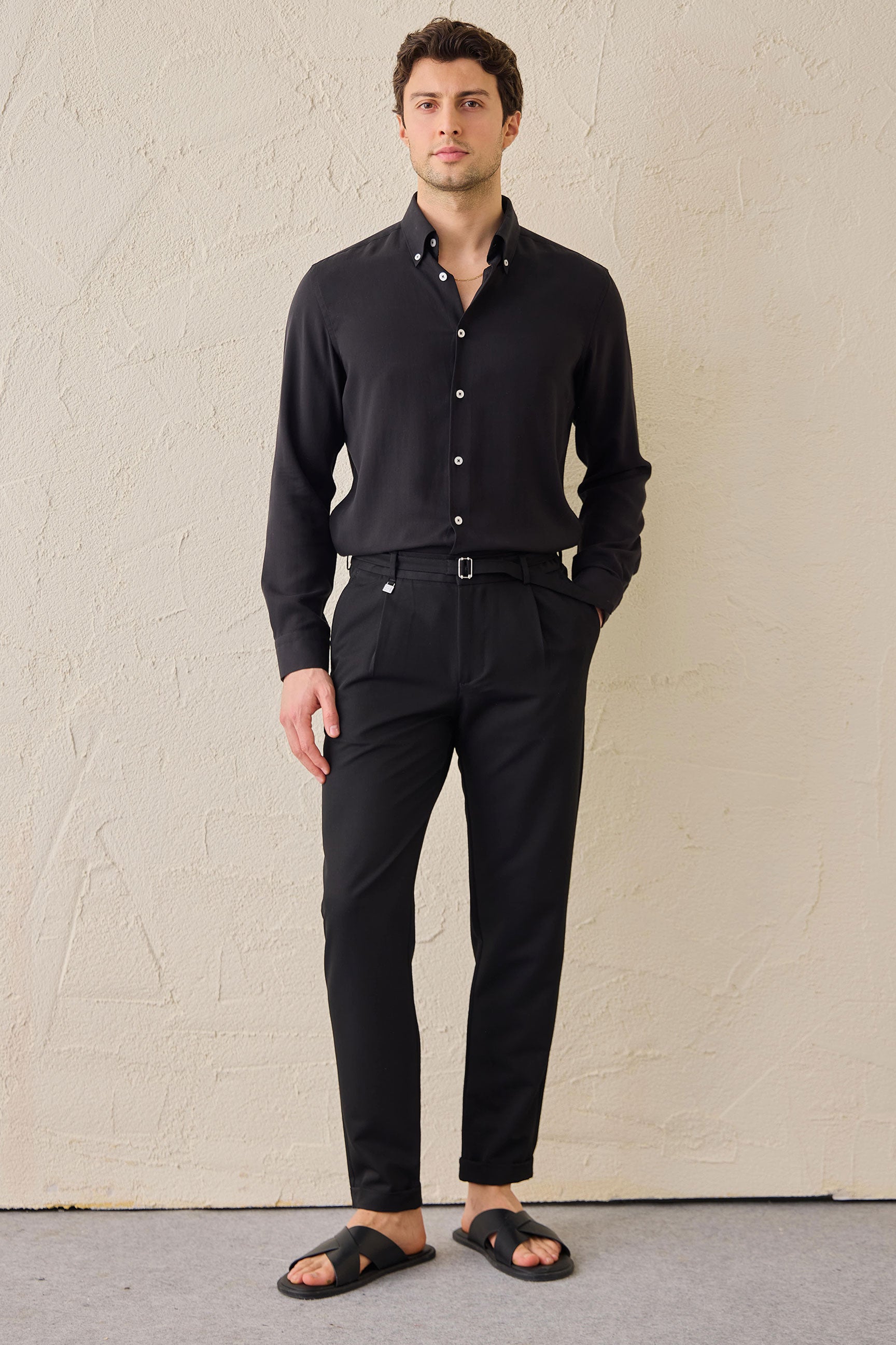 Men’s Black Pleated Gurkha Trousers Adjustable Waist Tailored Tapered Fit