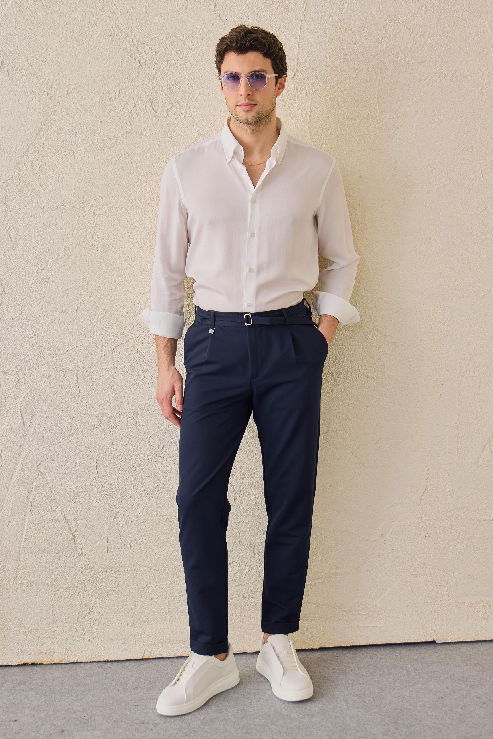 Men's Navy Pleated Gurkha Trousers Adjustable Waist Tailored