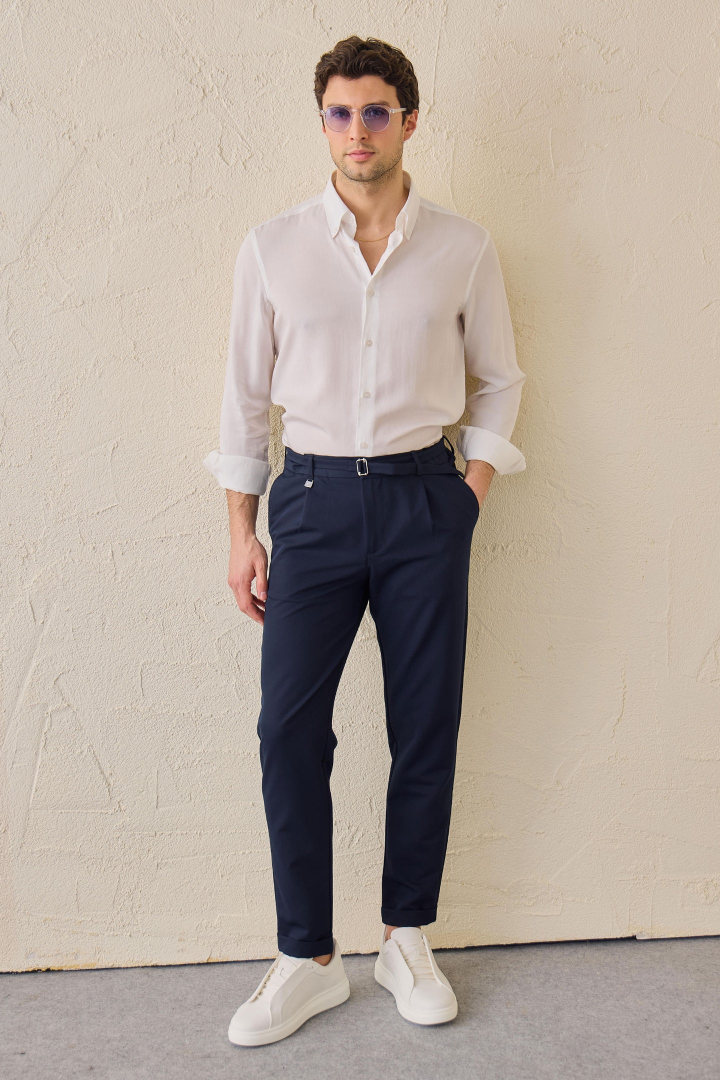 Men’s Navy Pleated Gurkha Trousers Adjustable Waist Tailored Tapered Fit