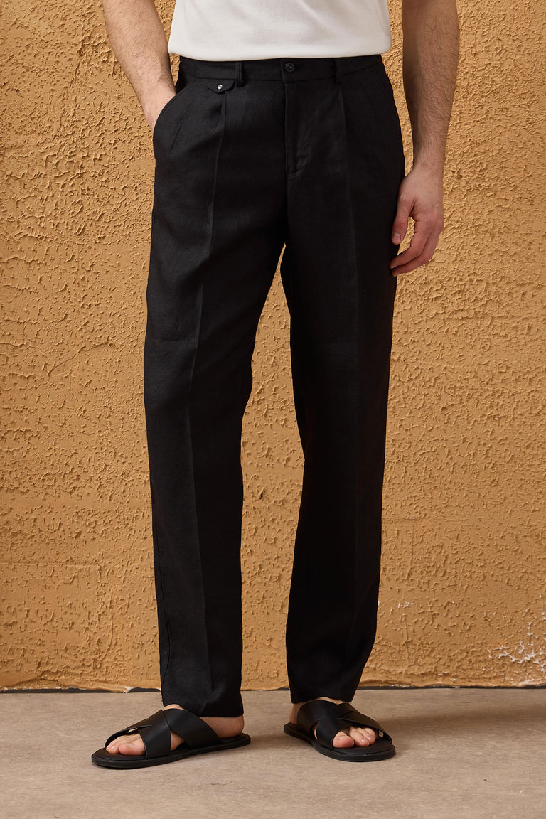 Men's black 100% linen pleated drawstring trousers, relaxed straight fit