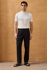 Men’s Black 100% Linen Pleated Drawstring Trousers Relaxed Straight Fit