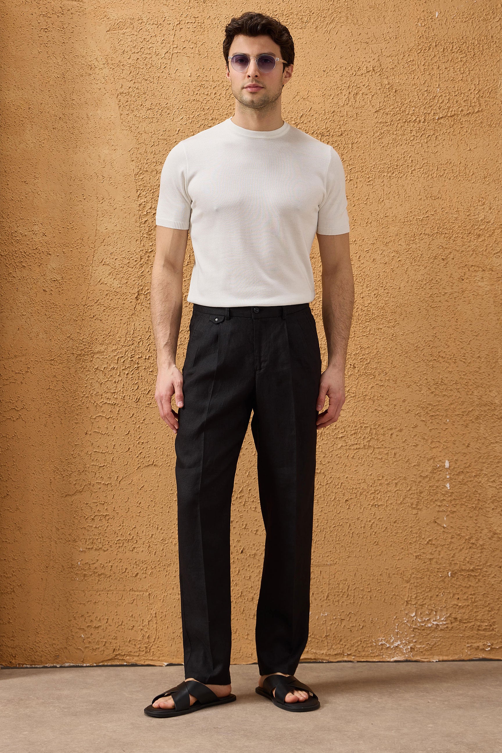 Men’s Black 100% Linen Pleated Drawstring Trousers Relaxed Straight Fit