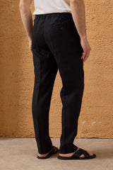 Men’s Black 100% Linen Pleated Drawstring Trousers Relaxed Straight Fit