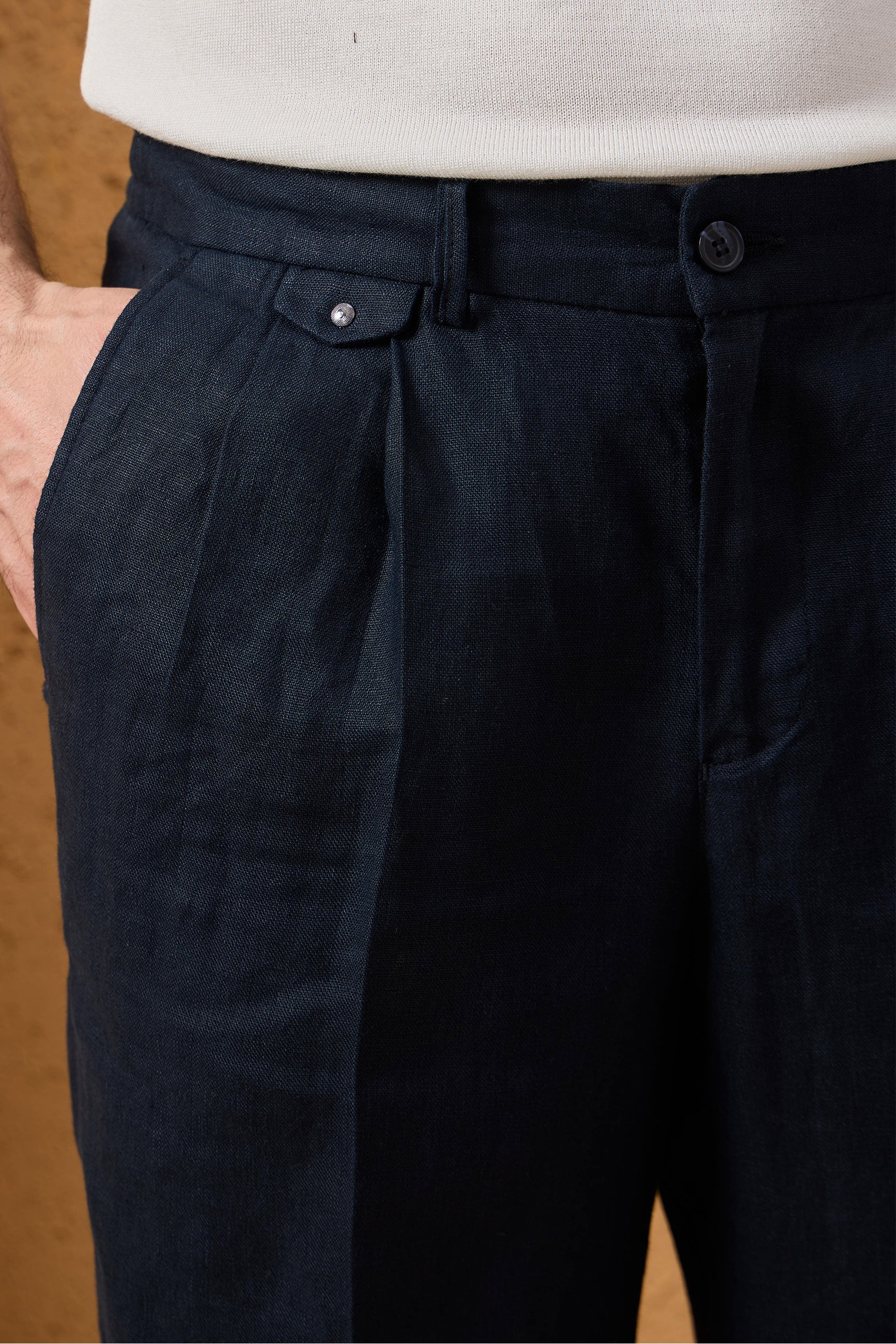 Men’s Navy 100% Linen Pleated Drawstring Trousers Relaxed Straight Fit
