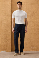 Men’s Navy 100% Linen Pleated Drawstring Trousers Relaxed Straight Fit
