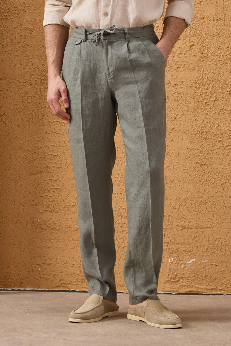Men’s Sage Green 100% Linen Pleated Drawstring Trousers Relaxed Straight Fit