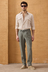 Men’s Sage Green Linen Smart Casual 2 Piece Suit Zip Front Safari Style Summer