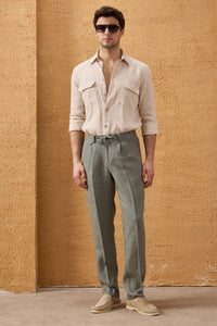 Men’s Sage Green Linen Smart Casual 2 Piece Suit Zip Front Safari Style Summer