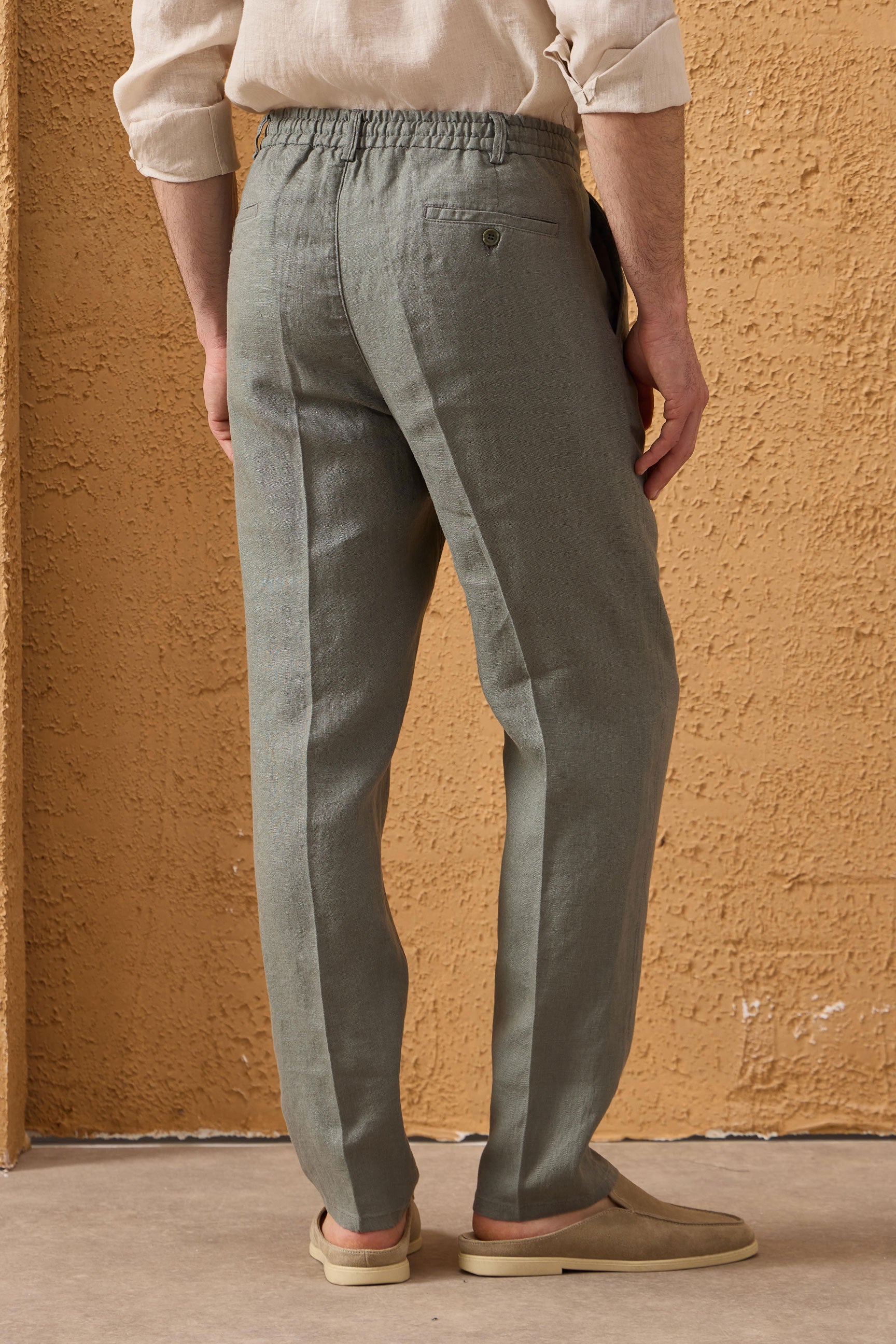 Men’s Sage Green Linen Smart Casual 2 Piece Suit Zip Front Safari Style Summer