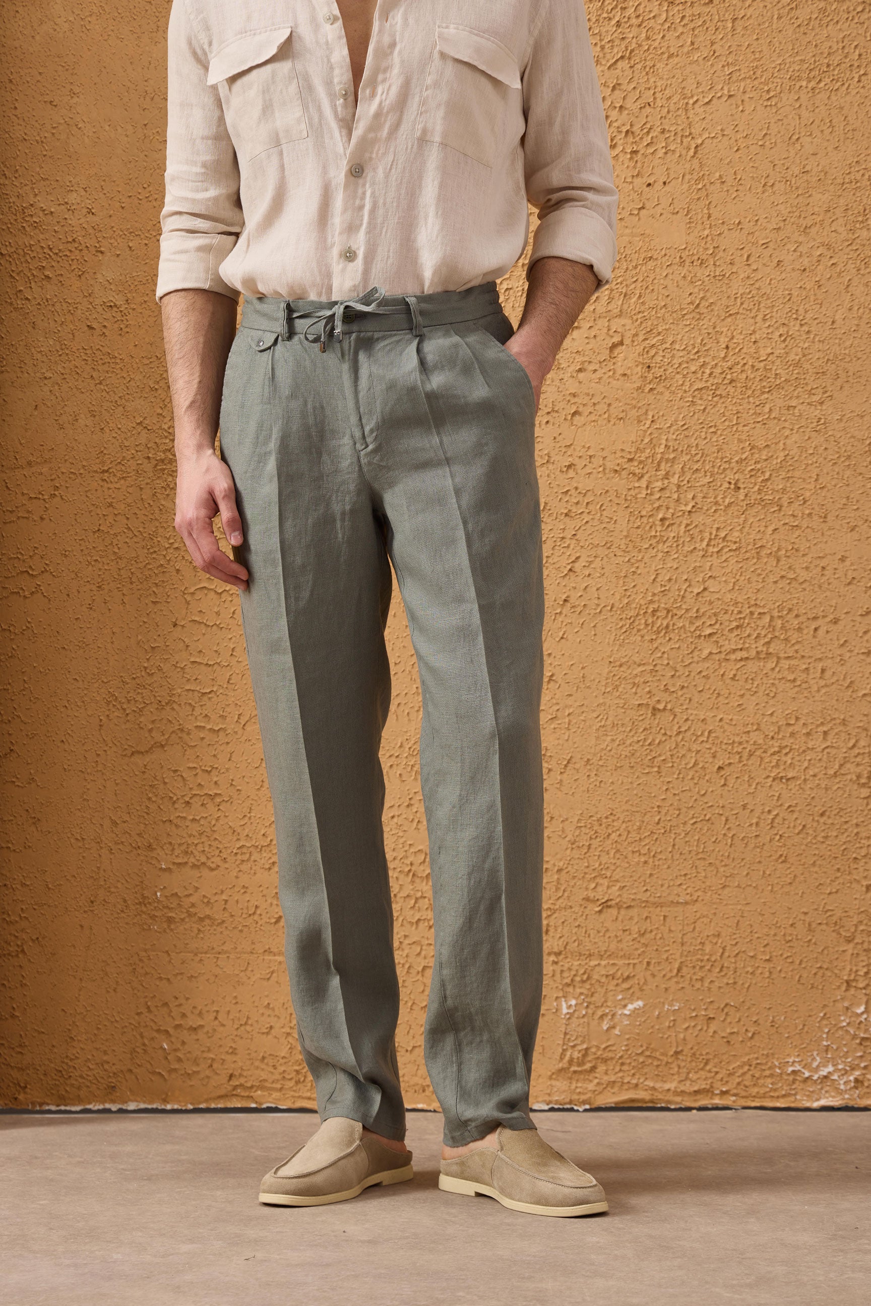Men’s Sage Green Linen Smart Casual 2 Piece Suit Zip Front Safari Style Summer