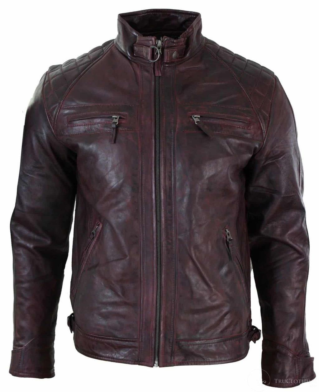 Real Leather Retro Style Zipped Mens Biker Jacket Soft Wine Vintage ...