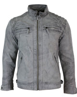 Real Leather Retro Style Zipped Biker Mens Jacket Soft White Vintage Look