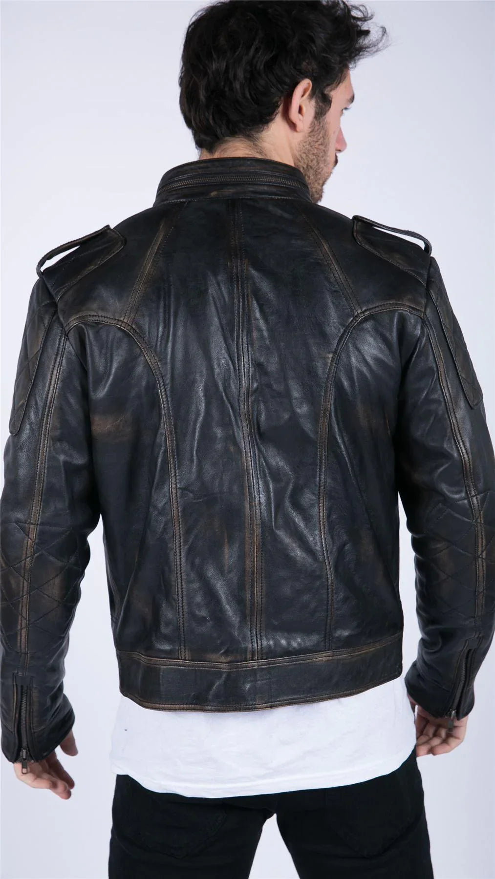 Mens Retro Real Leather Black Brown Washed Racer Jacket Biker Zipped Slim