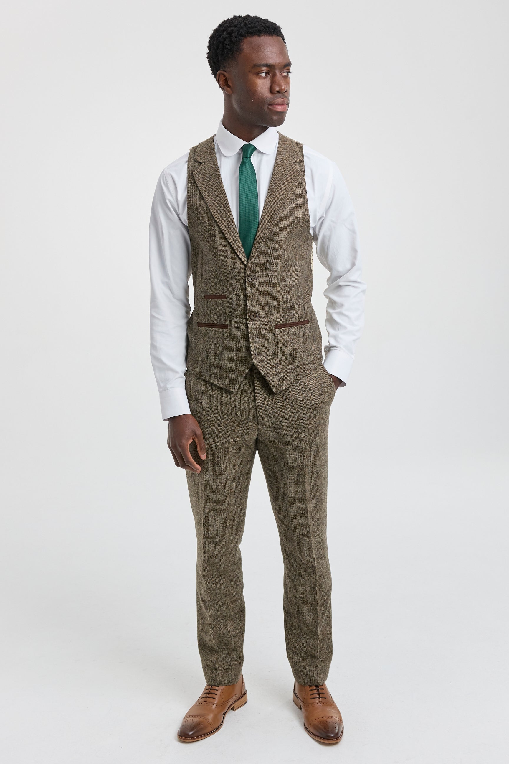 Oak-Brown Herringbone Tweed 3 Piece Suit: Buy Online - Happy Gentleman