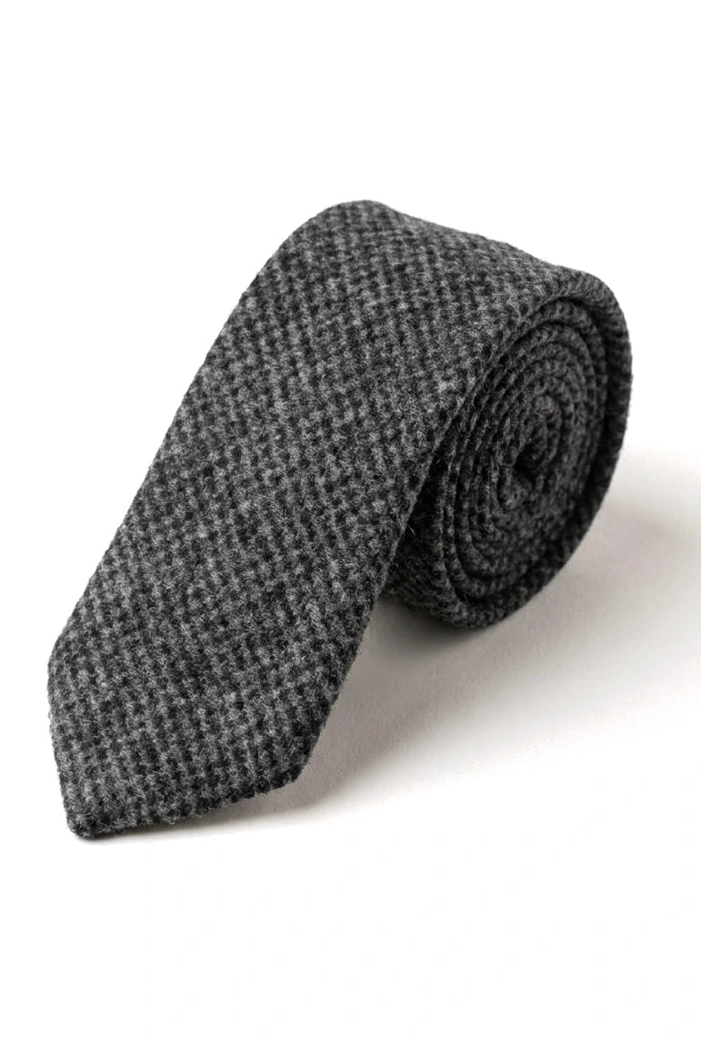 281 - Men's Charcoal Herringbone Tweed Wool Tie & Handkerchief 2"