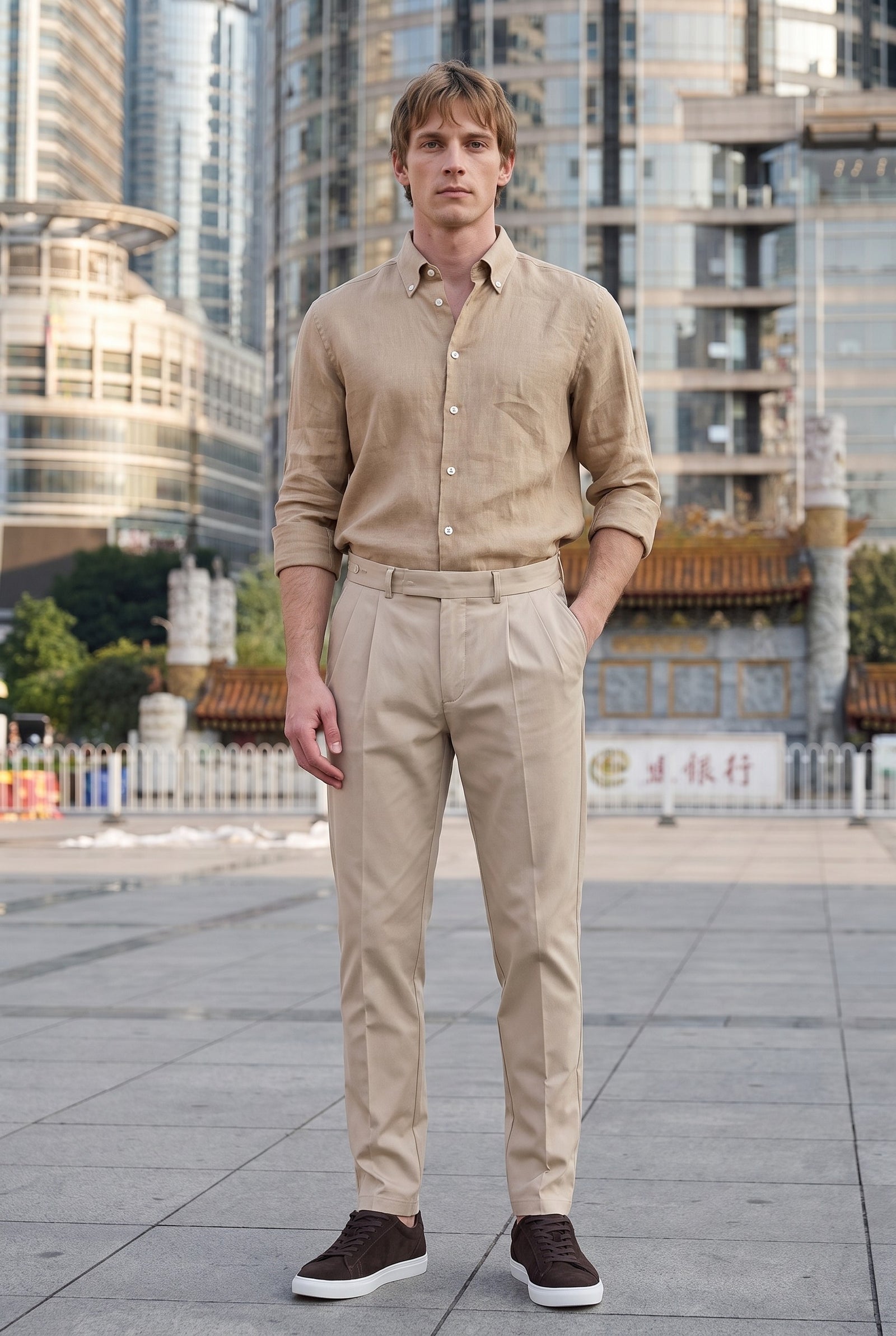 Look #1022 styled with Beige Pleated Smart Casual Trousers for Men Tailored Classic Fit