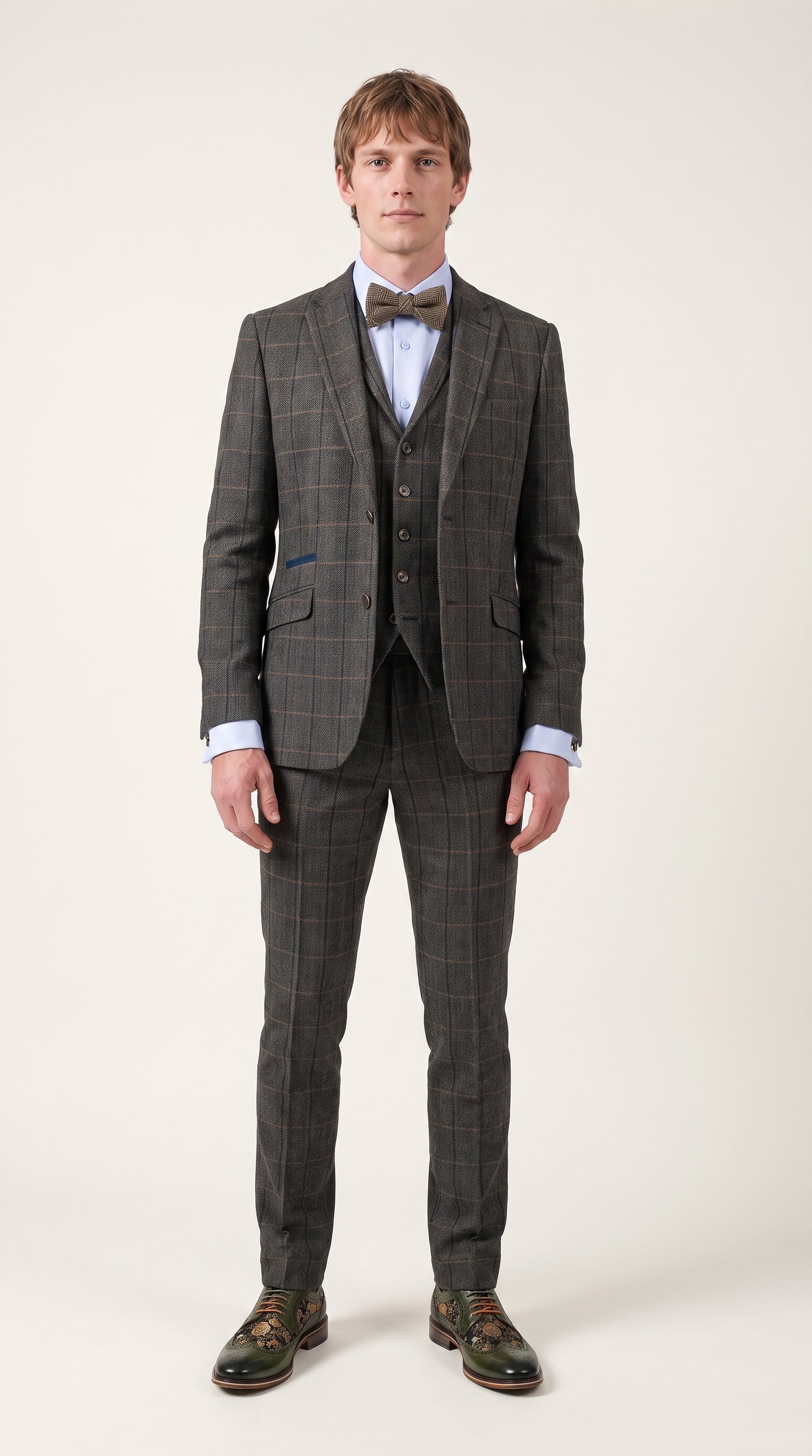 Look #330 styled with Cavani Albert - Men's Herringbone Tweed Check 3 Piece Suit - Charcoal