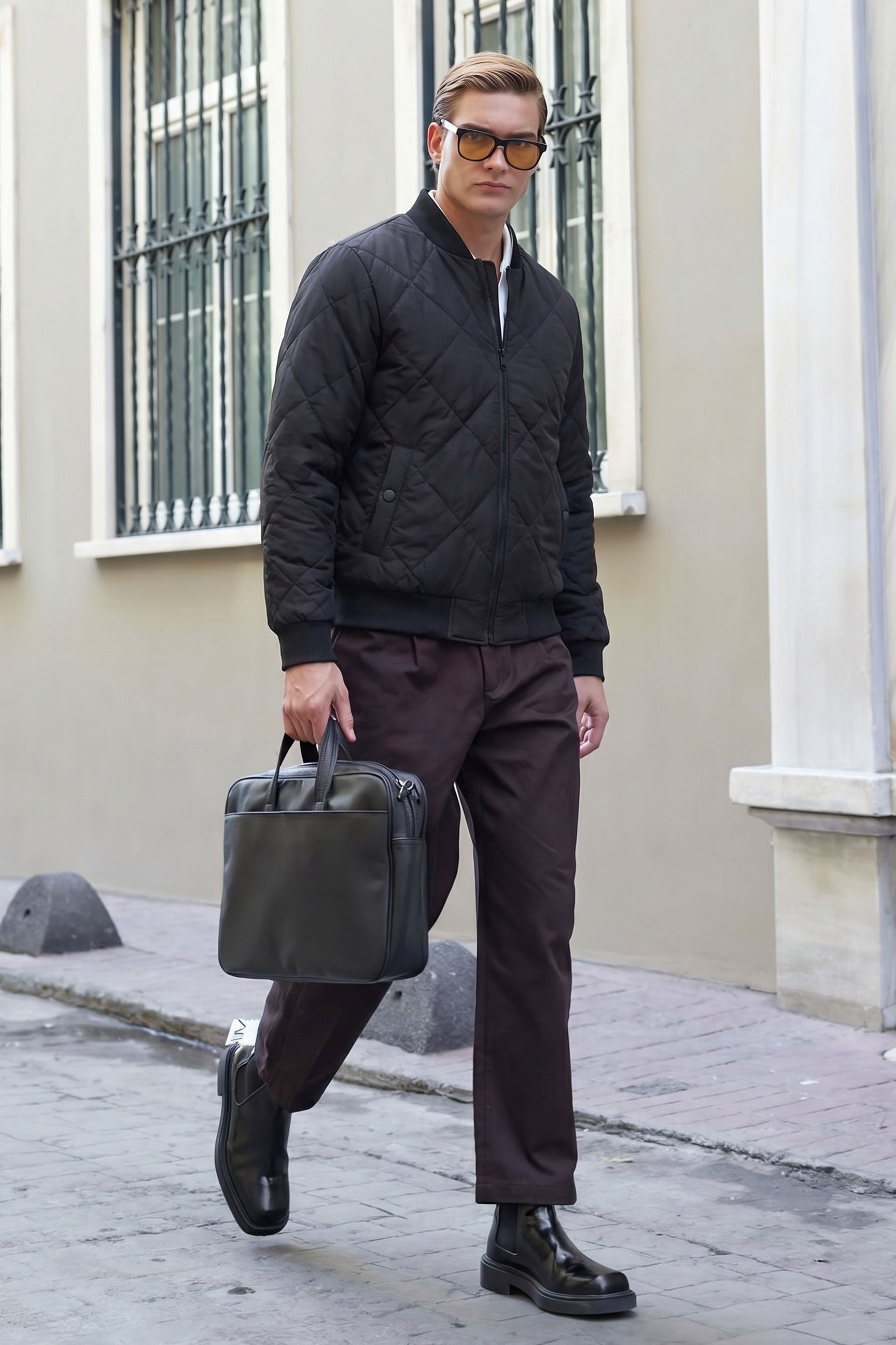 Men’s Black & Beige Reversible Bomber Lightweight Quilted 2-in-1 Jacket