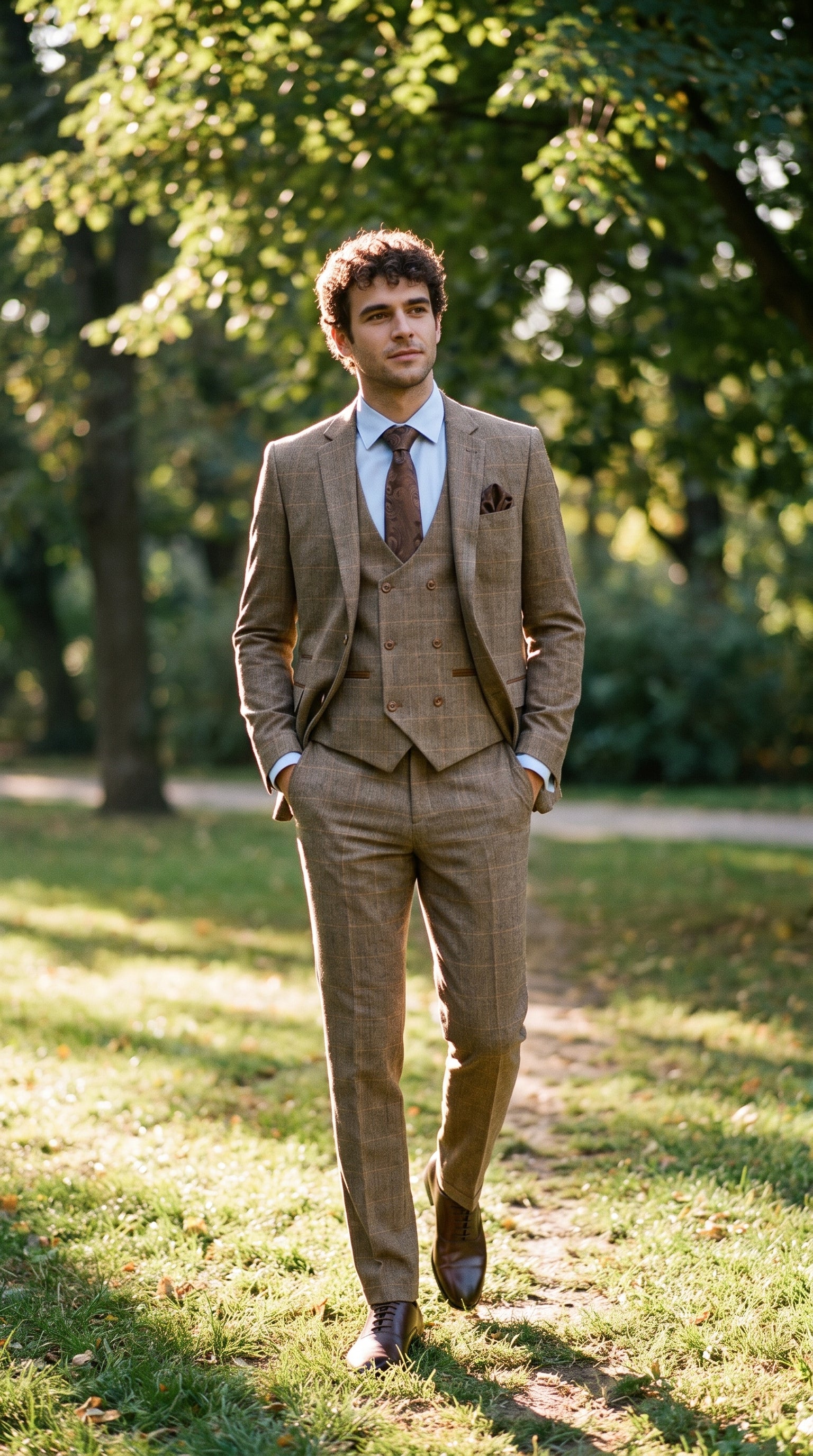 Look #343 styled with Mens 3 Piece Herringbone Tweed Tan Brown Check Suit Tailored Fit Double Classic