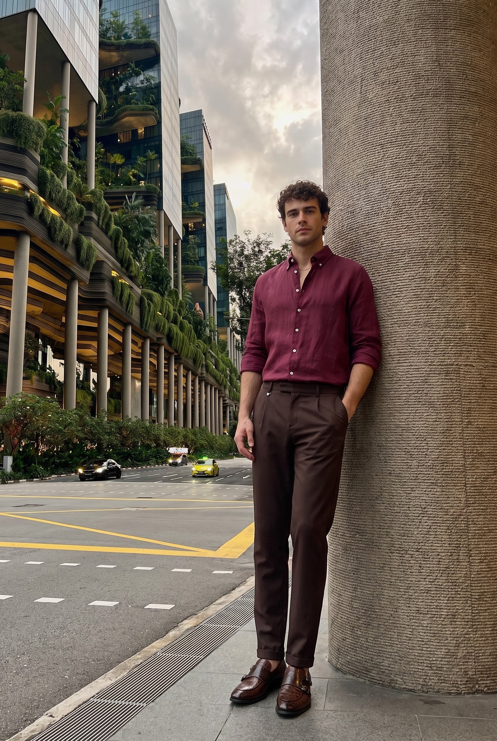 Men's Burgundy Pure Linen Shirt Long Sleeve Button-Down Summer Shirt