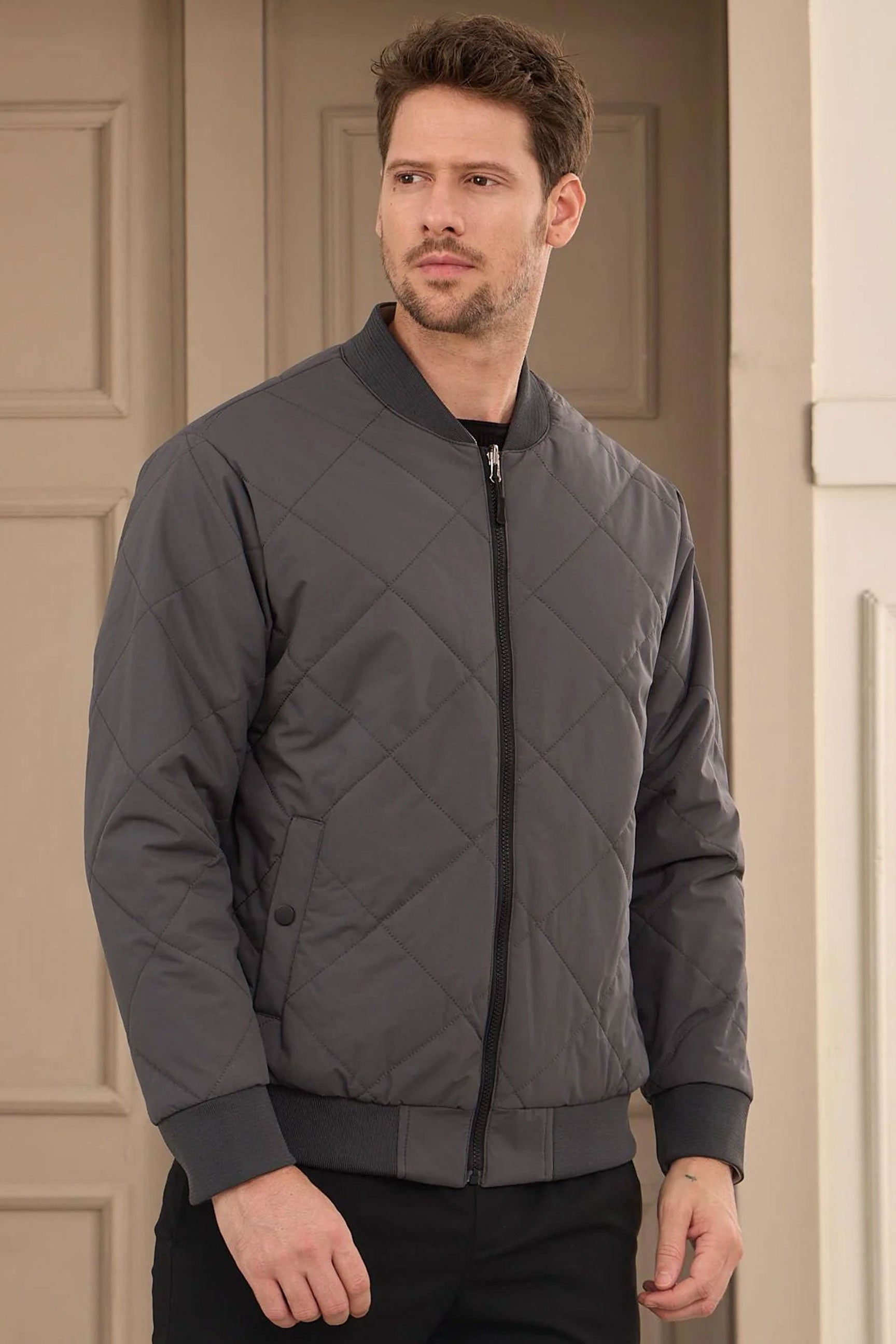 Men’s Grey & Beige Reversible Bomber Lightweight Quilted 2-in-1 Jacket