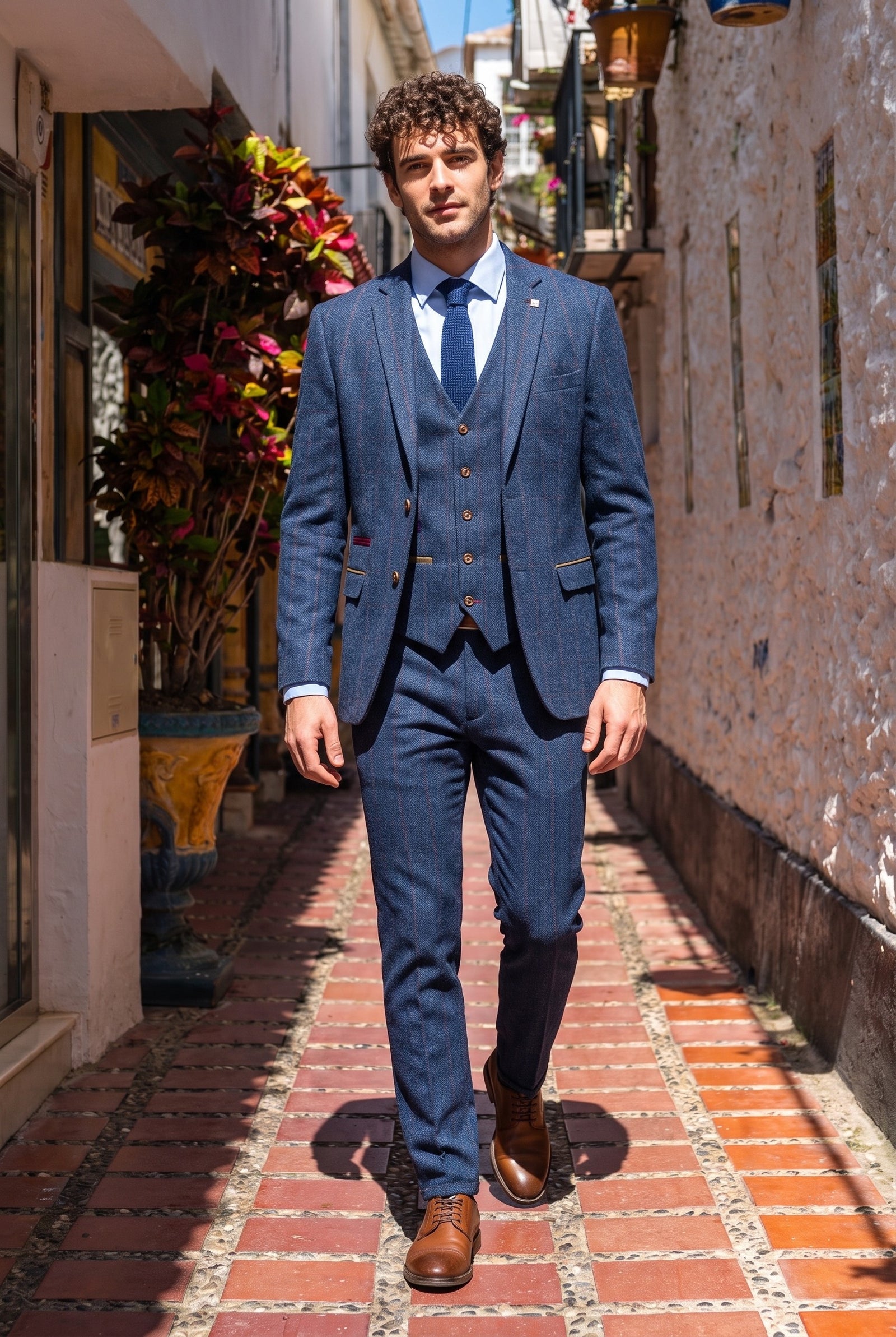 Look #986 styled with Scott Men's Blue 3-Piece Tweed Check Suit