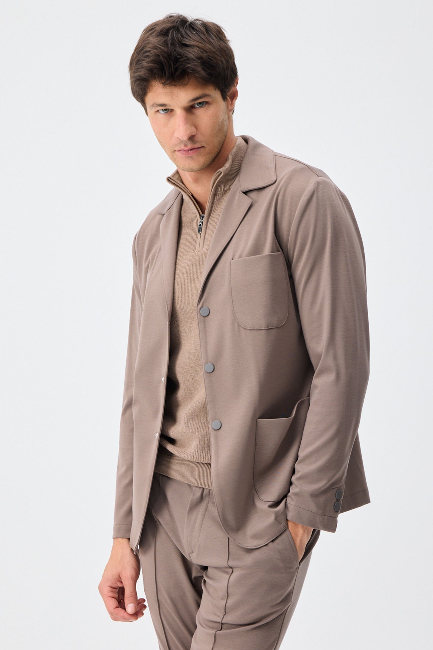Men’s Brown Soft Jersey Smart Casual Suit Blazer Jacket & Trousers Set