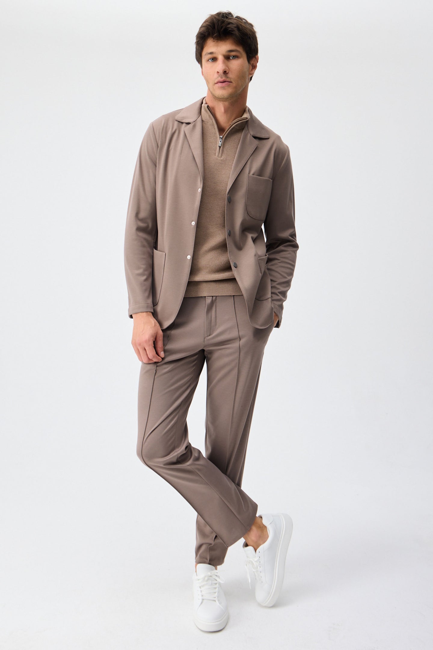 Men’s Brown Soft Jersey Smart Casual Suit Blazer Jacket & Trousers Set