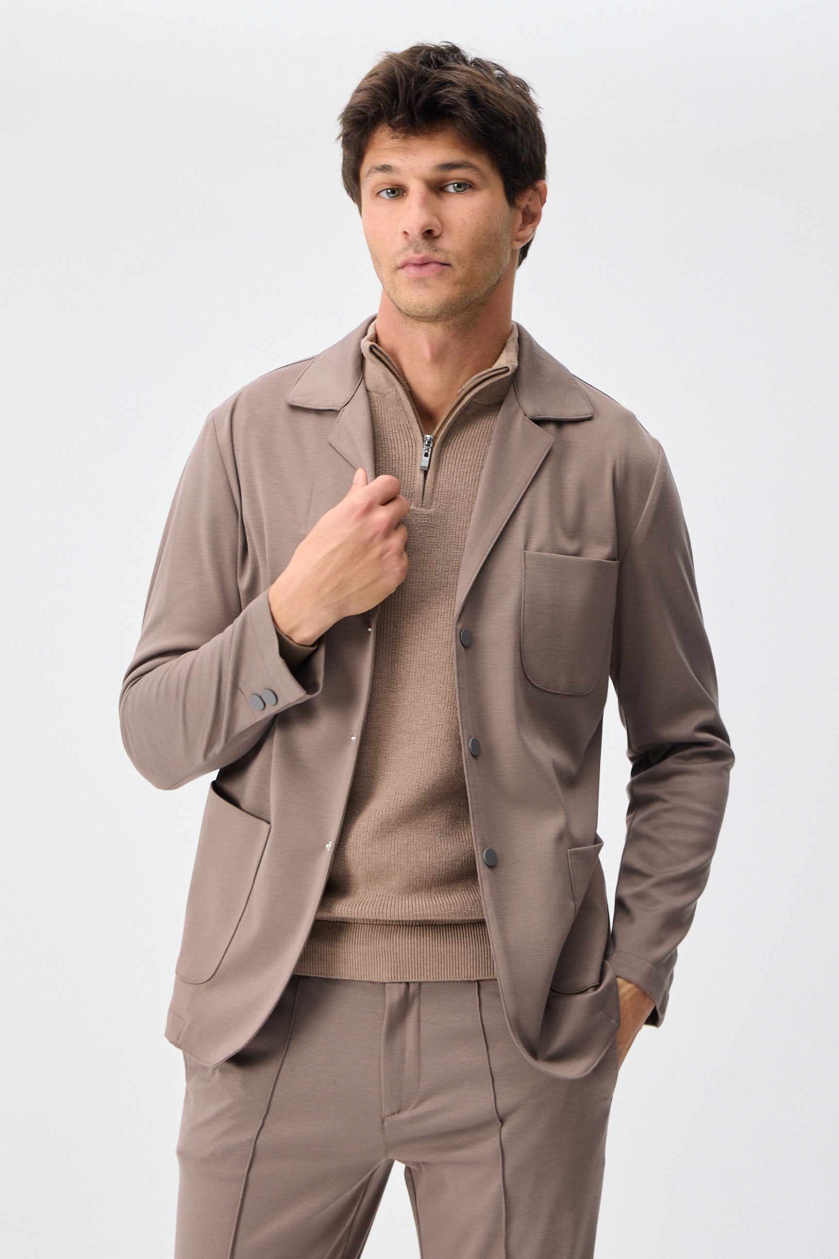 Men’s Brown Soft Jersey Smart Casual Suit Blazer Jacket & Trousers Set