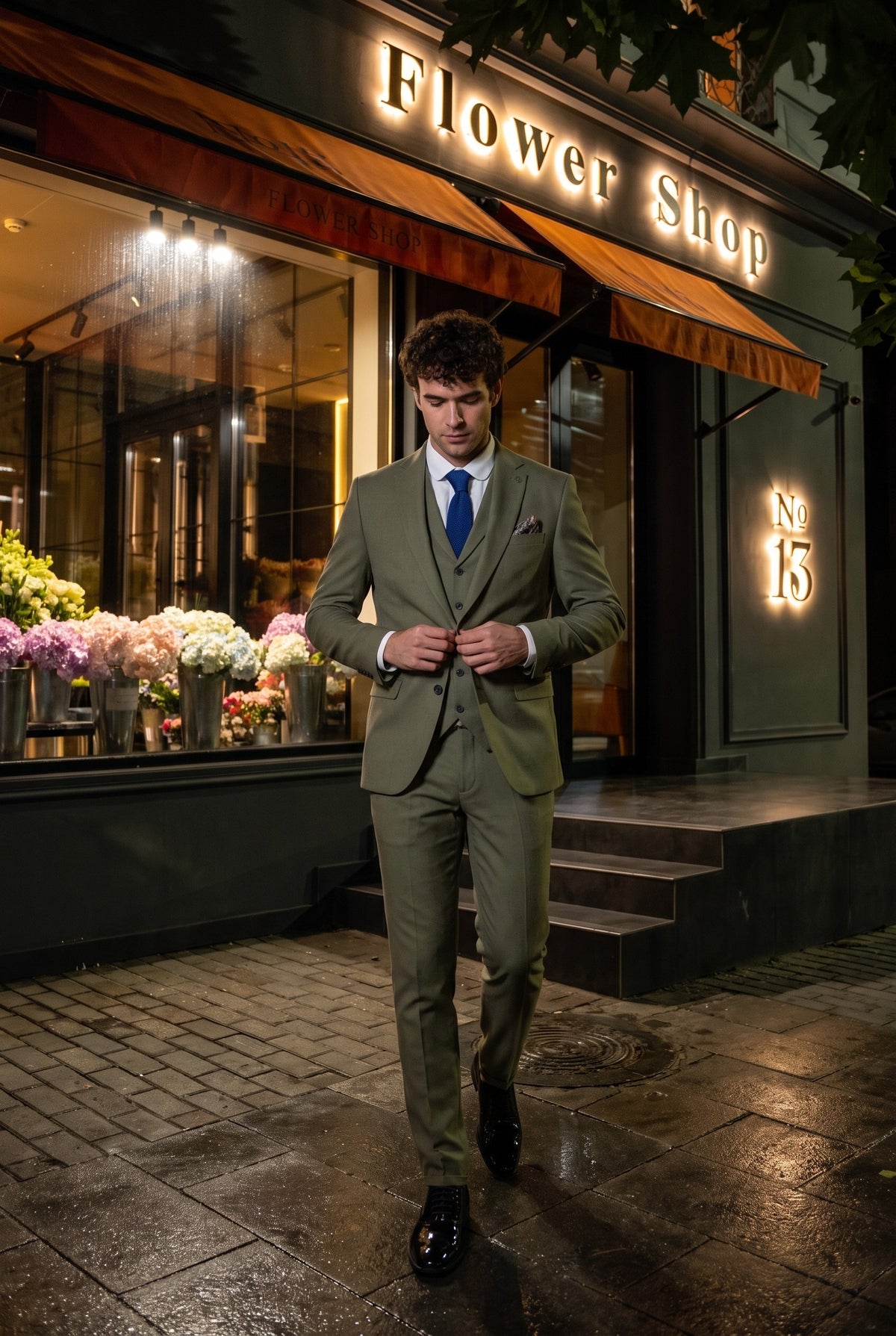 Men's sage green 3-piece linen wedding suit look with blue tie and black oxford shoes