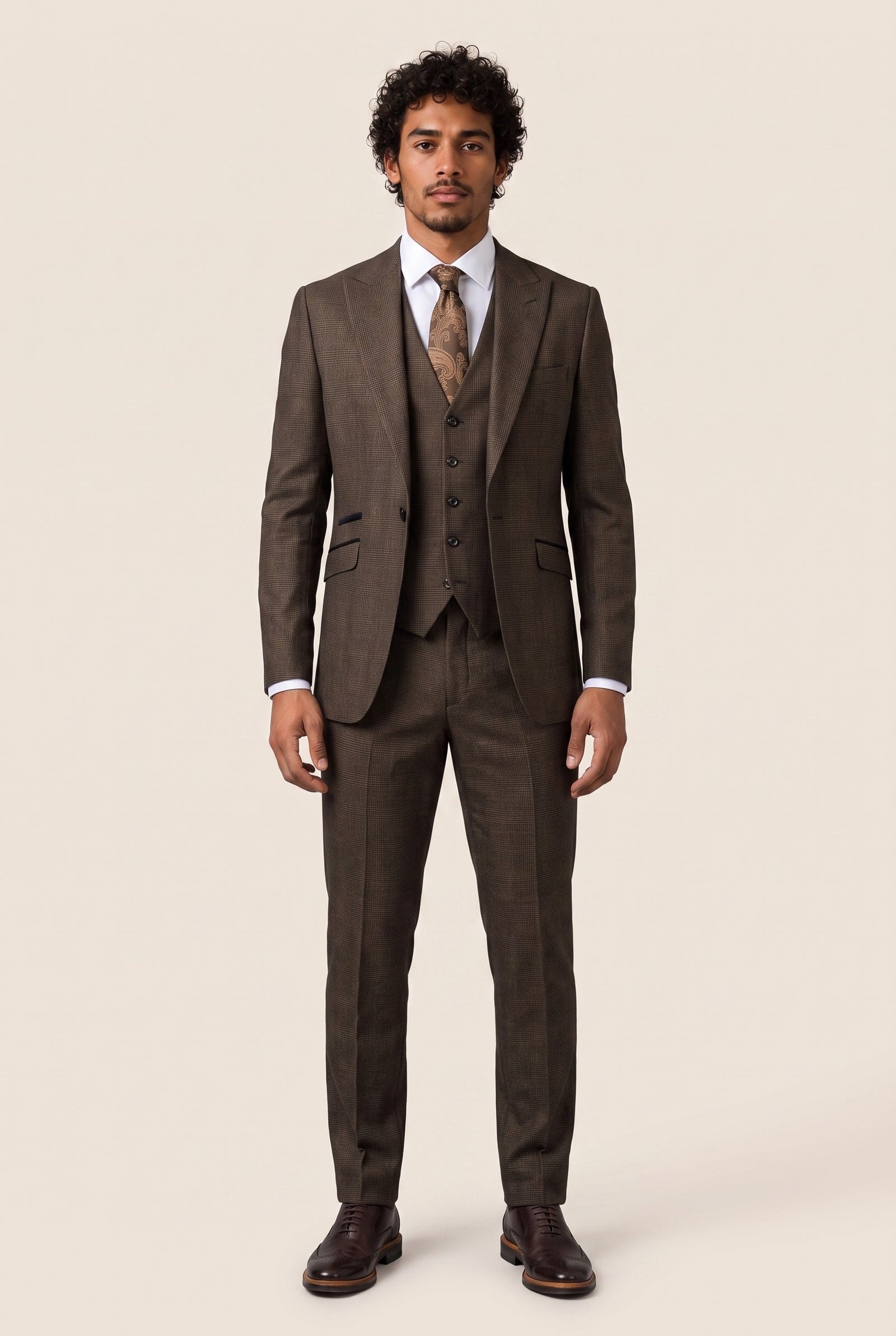 Look #1004 styled with Mens 3 Piece Check Suit Tweed Black Brown Tailored Fit Wedding Peaky Classic