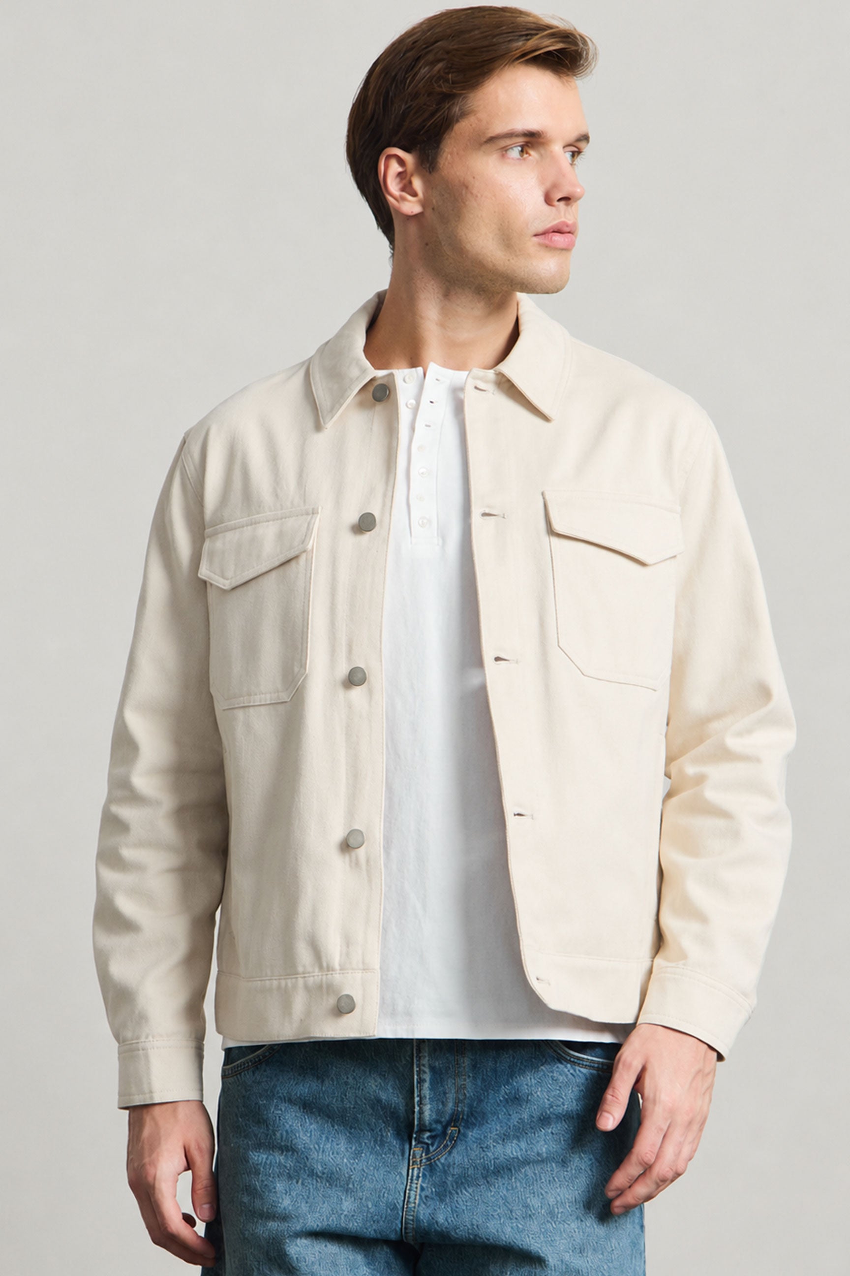 Men’s Beige Cotton Twill Jacket - Trucker Overshirt