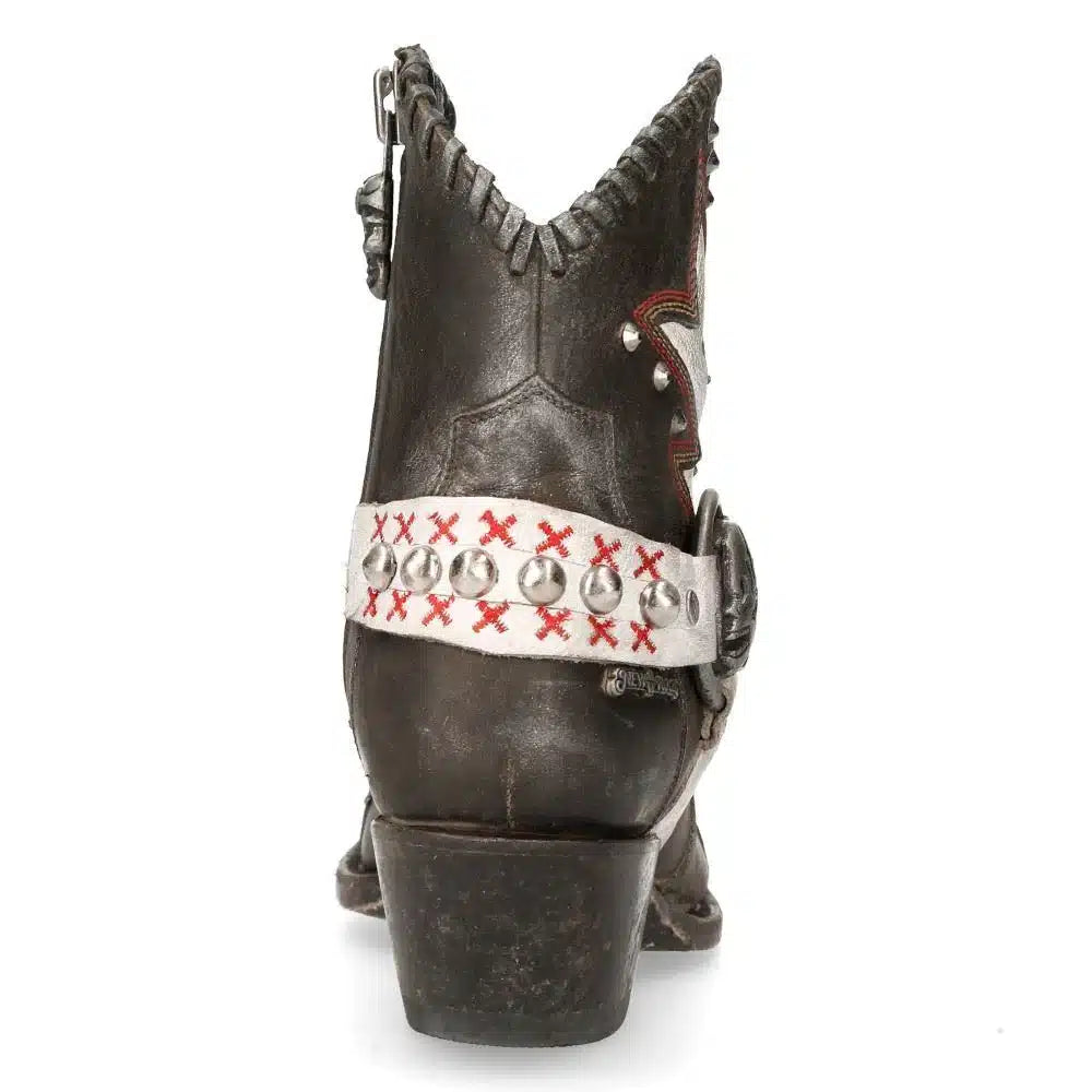 New Rock WSTM004-S2 Grey White Leather Cowboy Western Pointed Boots Vintage