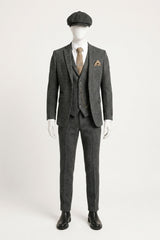 Men's Charcoal Grey 3 Piece Tweed Herringbone Suit - STZ11