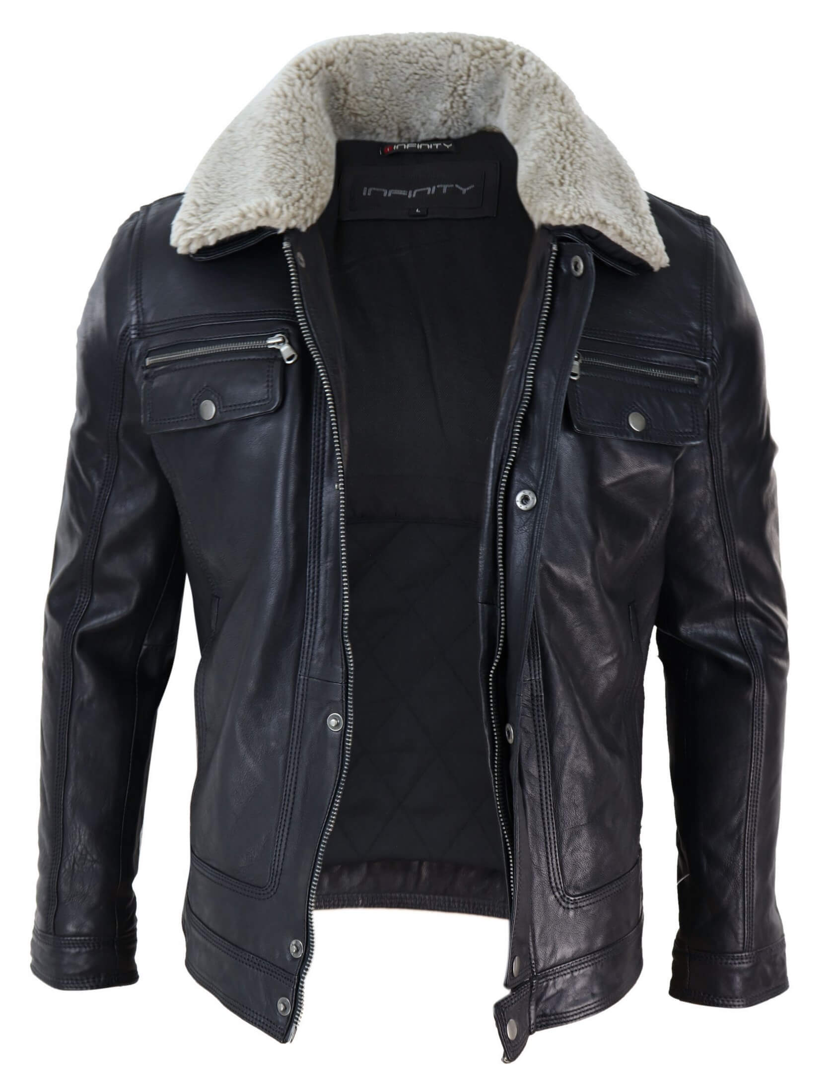 Mens Black brown Real Leather Jacket Sheepskin Collar Short Zip