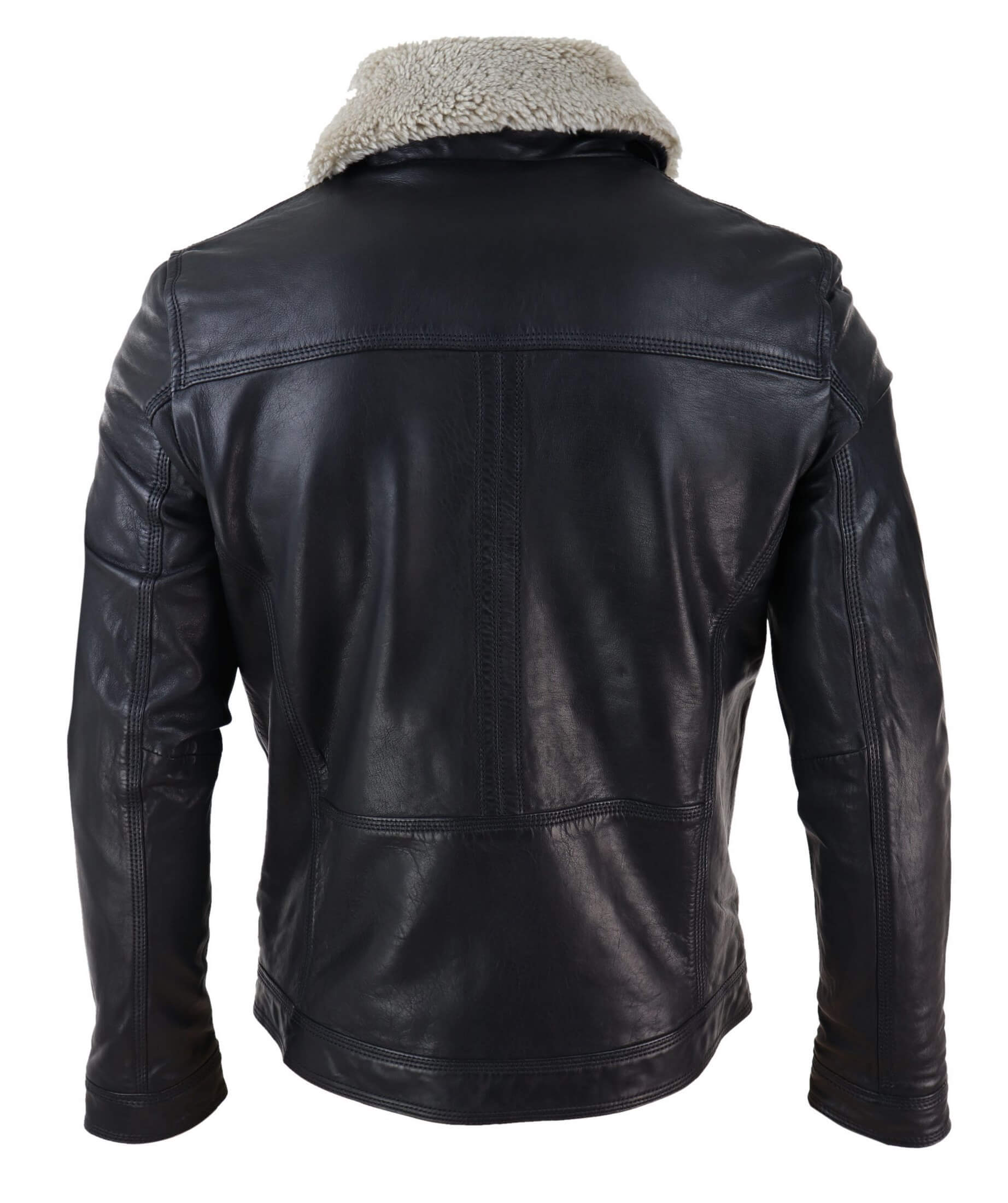 Mens Black brown Real Leather Jacket Sheepskin Collar Short Zip
