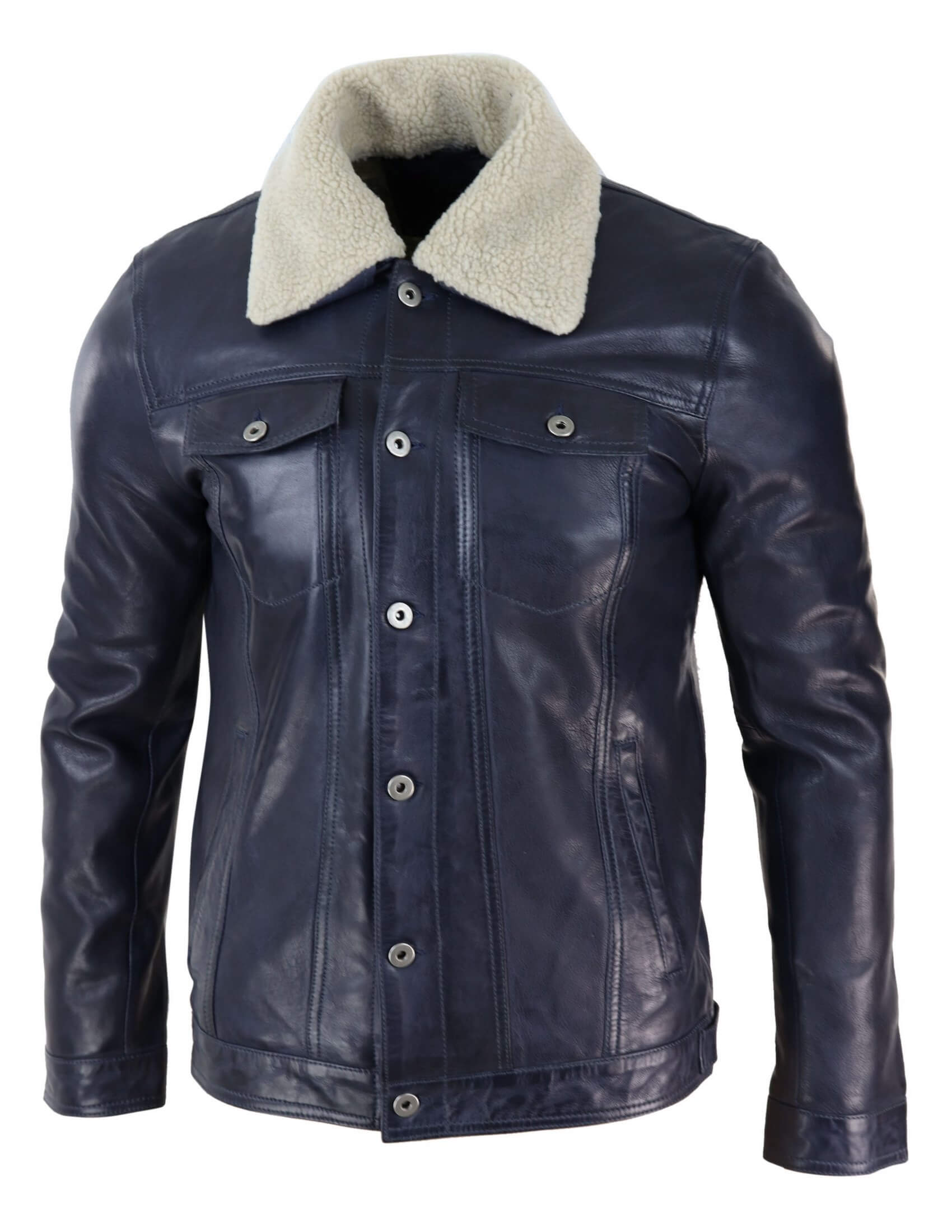Mens Real Leather Jeans Jacket Fur Collar Retro Vintage Classic