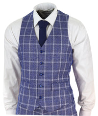 Mens 3 Piece Slim Fit Suit Herringbone Tweed Check Vintage Classic 1920s Blue