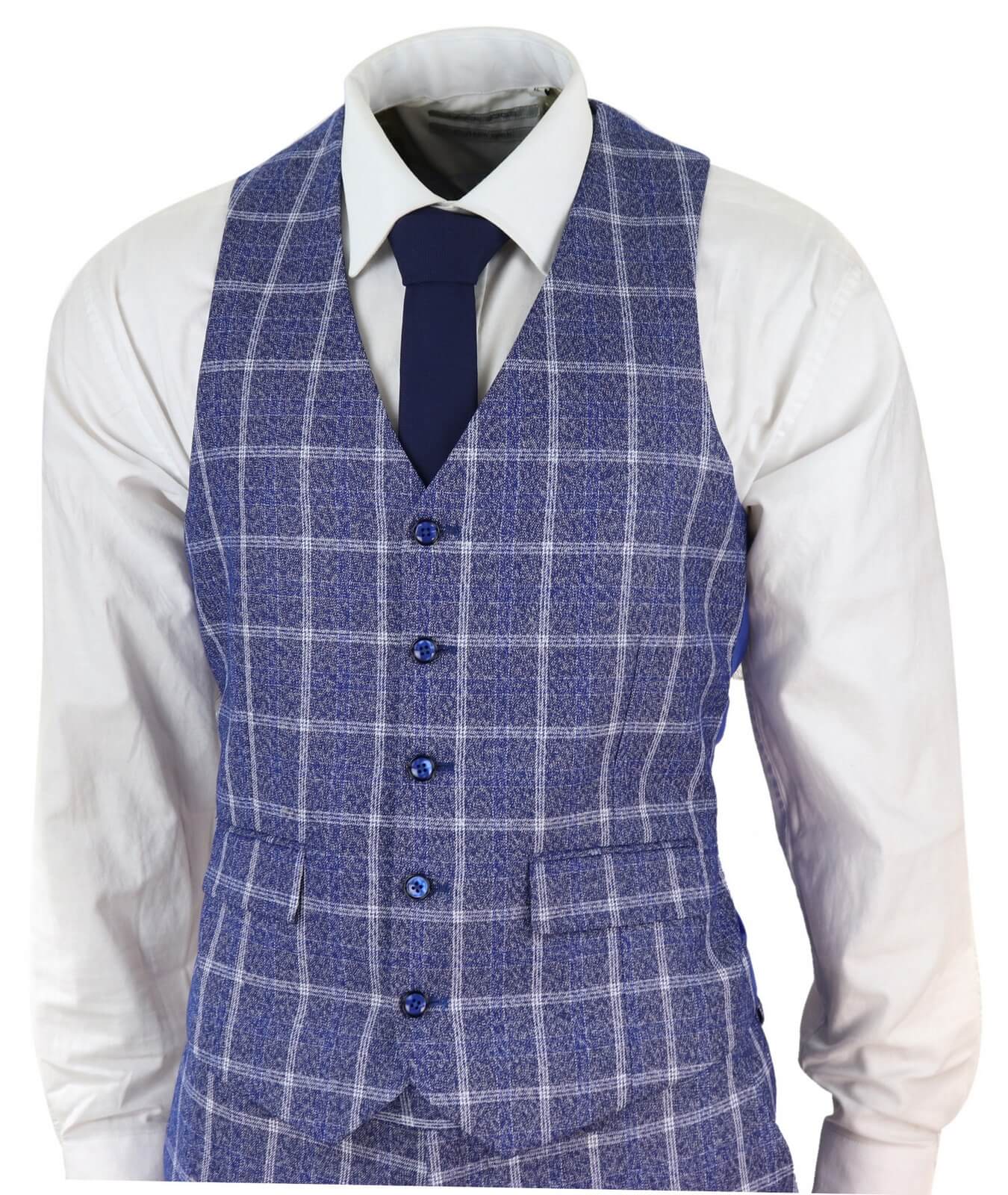 Mens 3 Piece Slim Fit Suit Herringbone Tweed Check Vintage Classic 1920s Blue