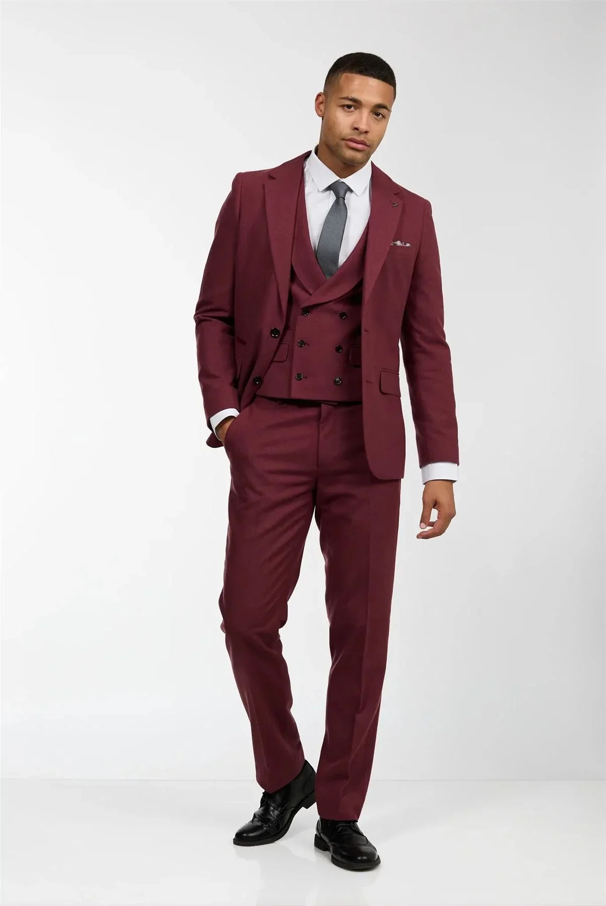 Mens Wool 3 Piece Burgundy Red Suit Double Breasted Wedding Party Vintage 1920s
