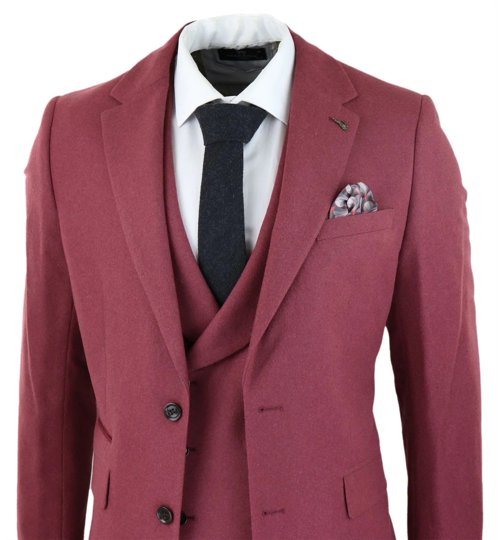 Mens Wool 3 Piece Burgundy Red Suit Double Breasted Wedding Party Vintage 1920s