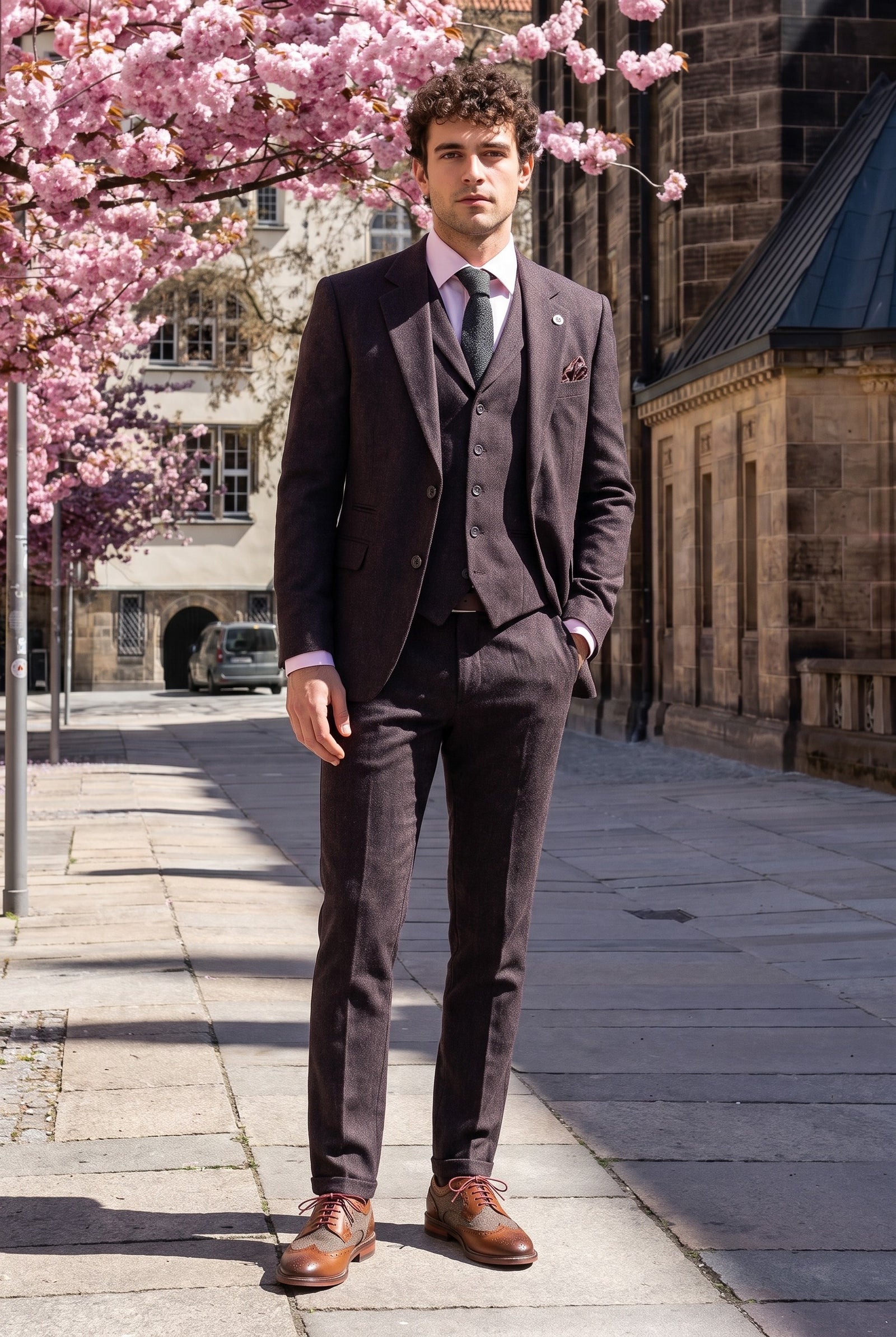Look #992 styled with Men's Plum Herringbone Tweed 3 Piece Suit