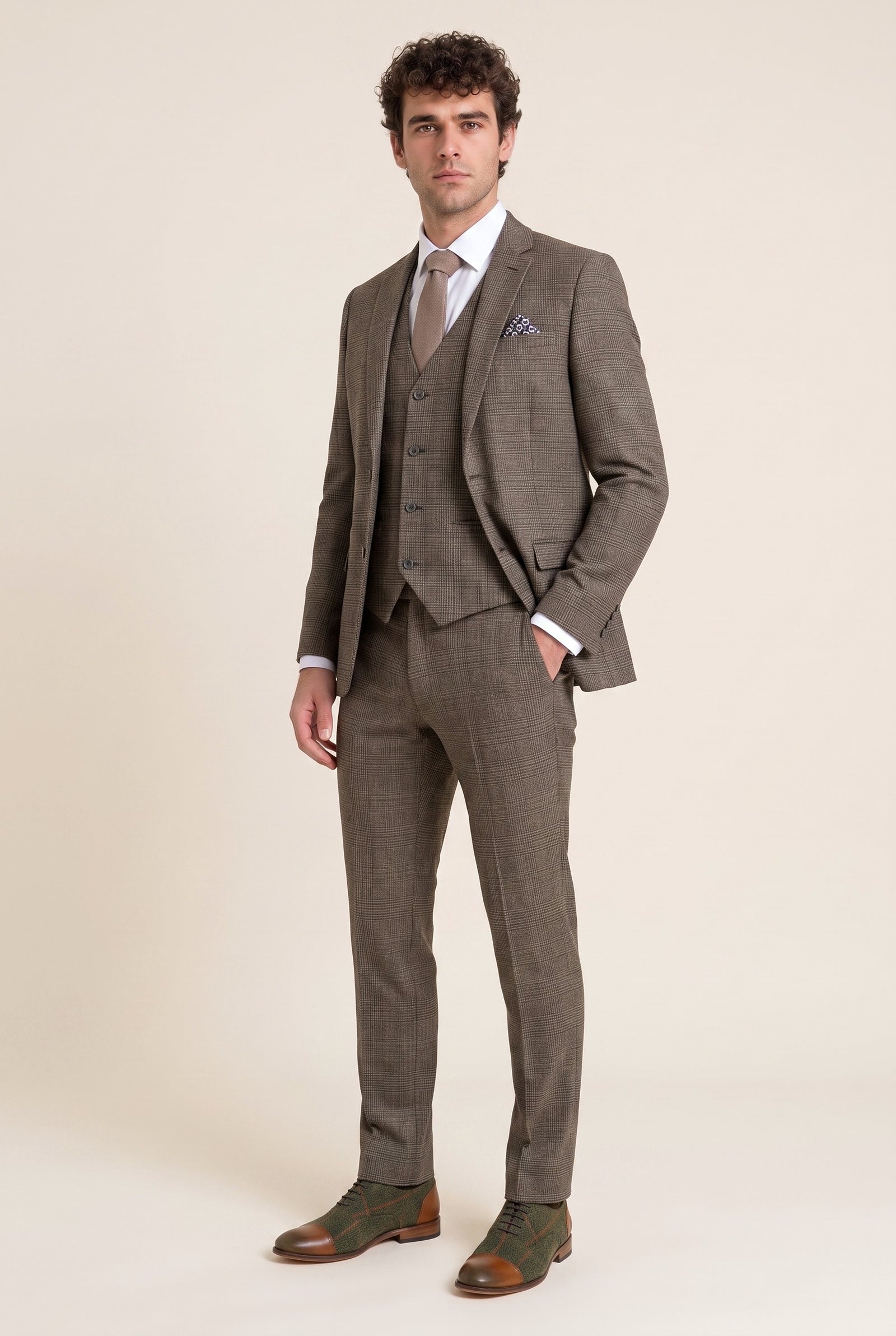 Look #603 styled with Men's Tan Brown Classic Check Slim Fit 3 Piece Suit