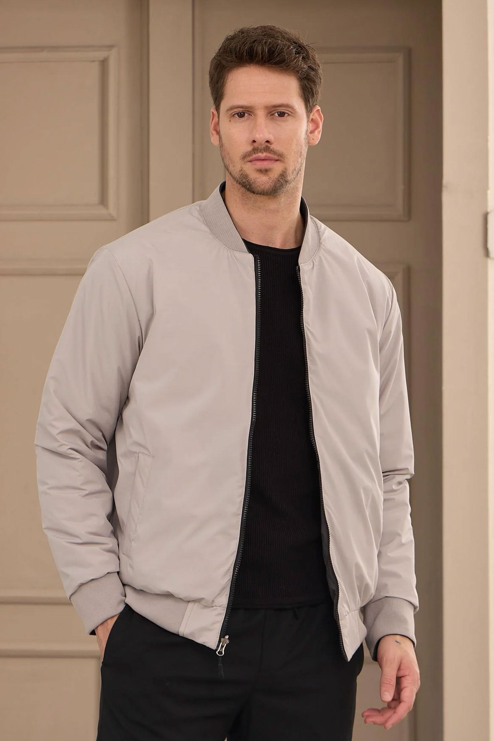 Men’s Grey & Beige Reversible Bomber Lightweight Quilted 2-in-1 Jacket